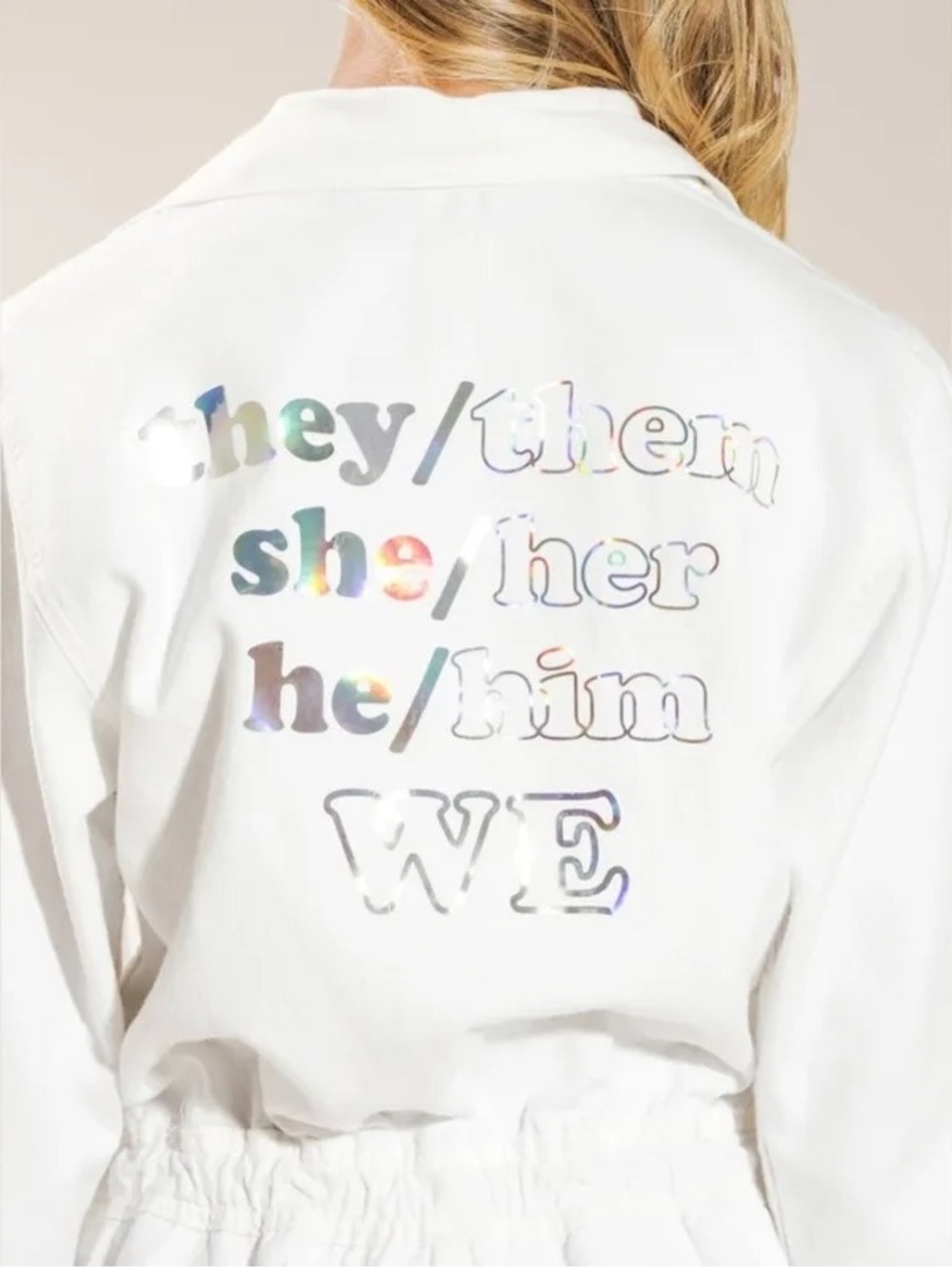 Levi Pride Liberation Pronoun Graphic White Jumpsuit with Holographic Text!!!
